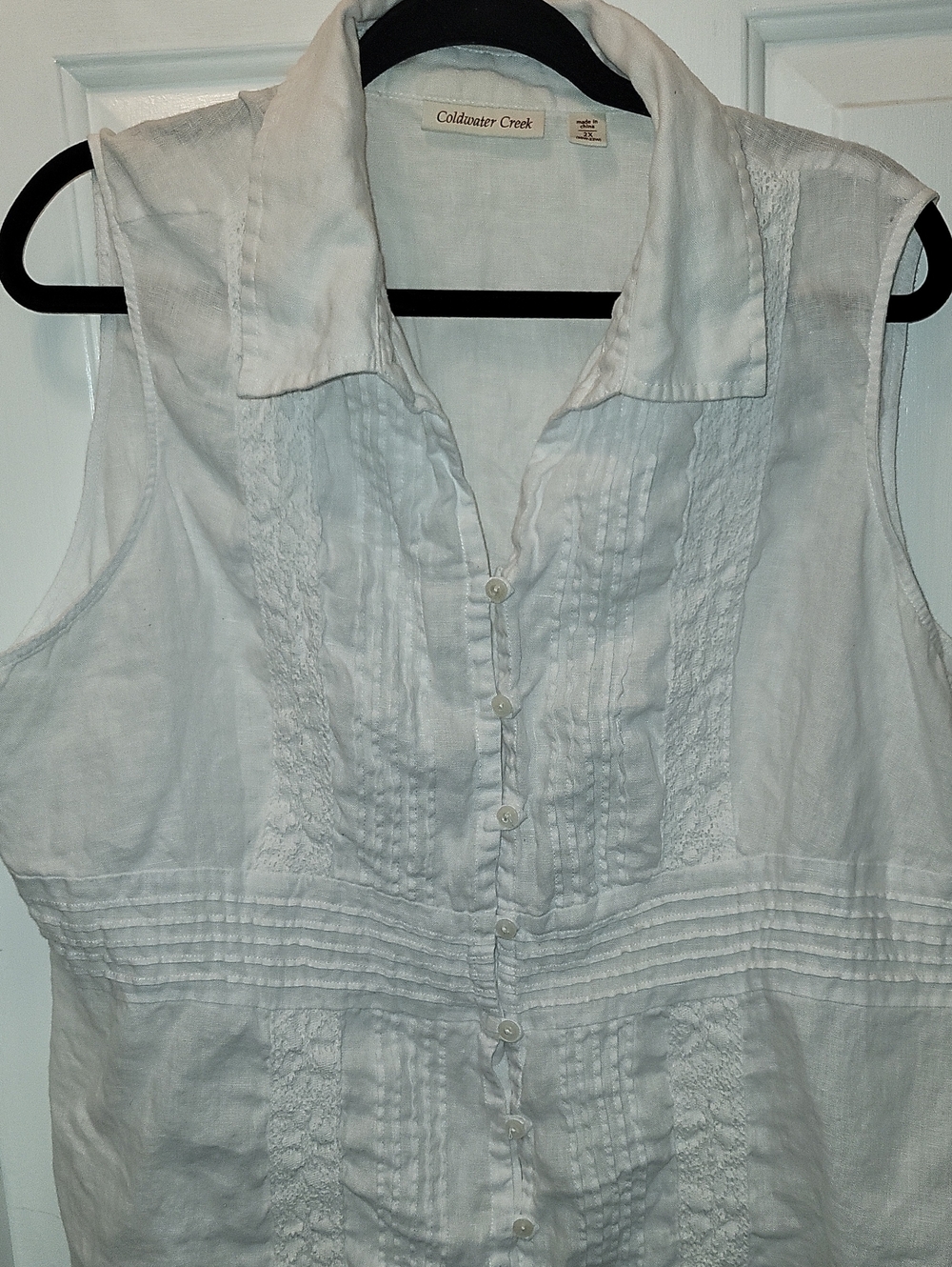 Coldwater Creek White Sleeveless Linen Button-Front Blouse with Pintuck & Lace - Picture 1 of 6
